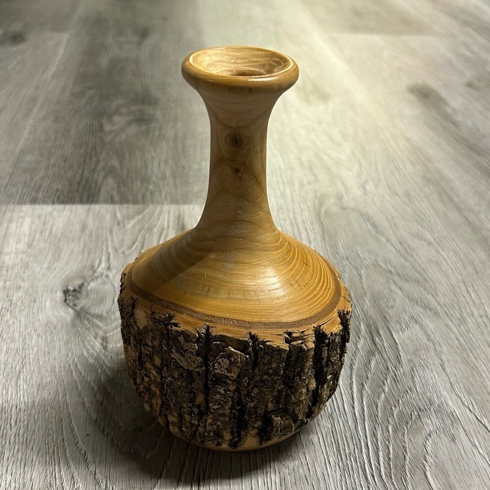 Hand Made Rustic Turned Wood Vase with Natural Bark 7" Tall